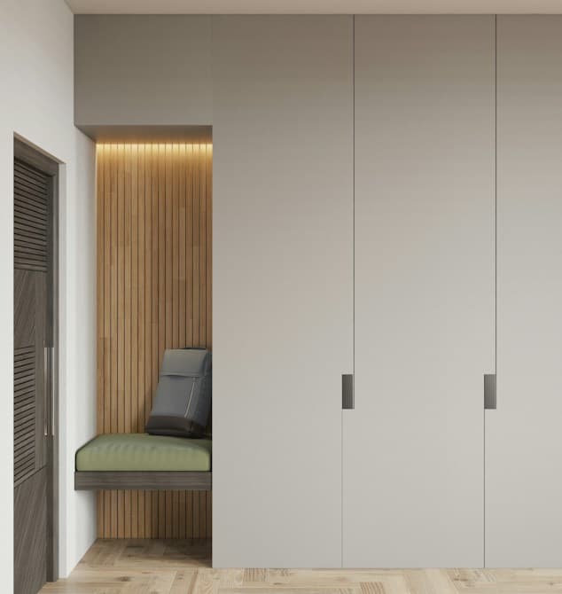 Handleless wardrobe wall in Sydney with an integrated timber seating nook